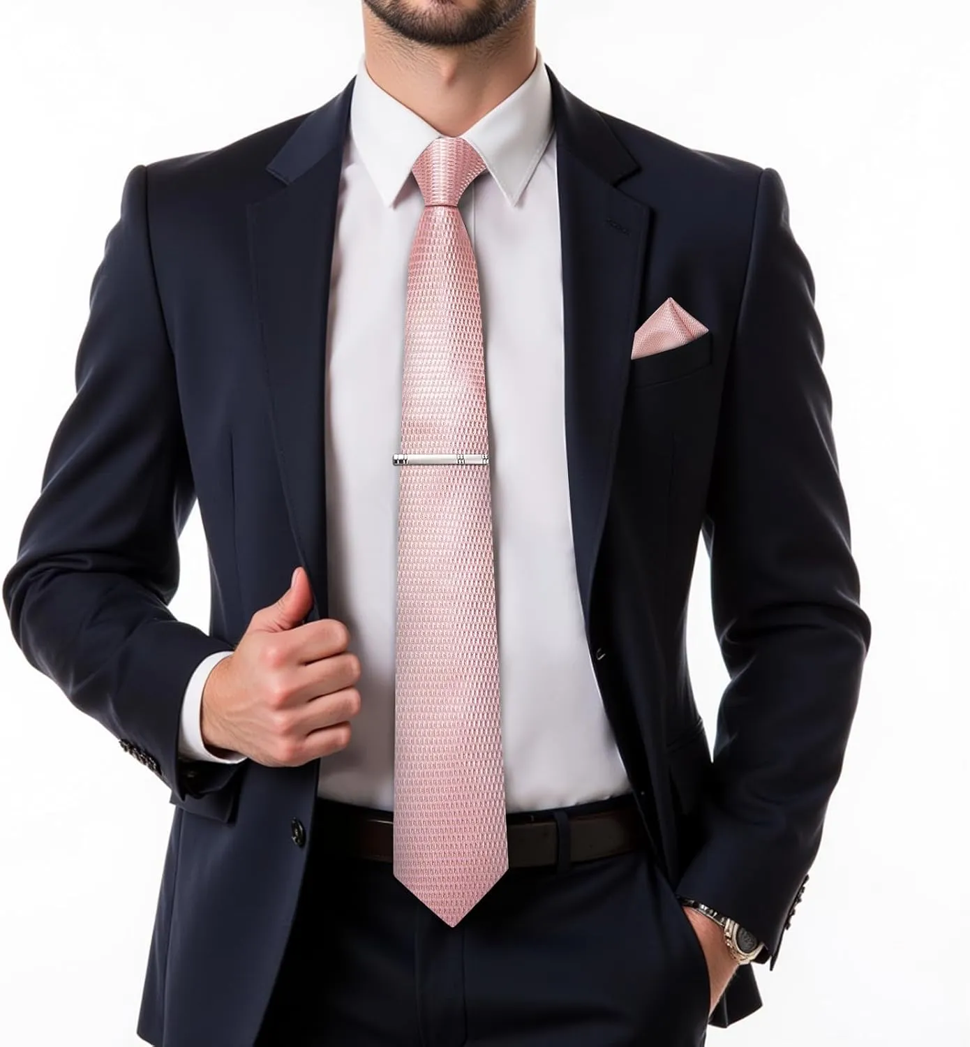 DiBanGu Mens Silk Necktie Solid Color Tie and Pocket Square Cufflink Tie Clip Set Woven Plain Ties for Men Wedding Party