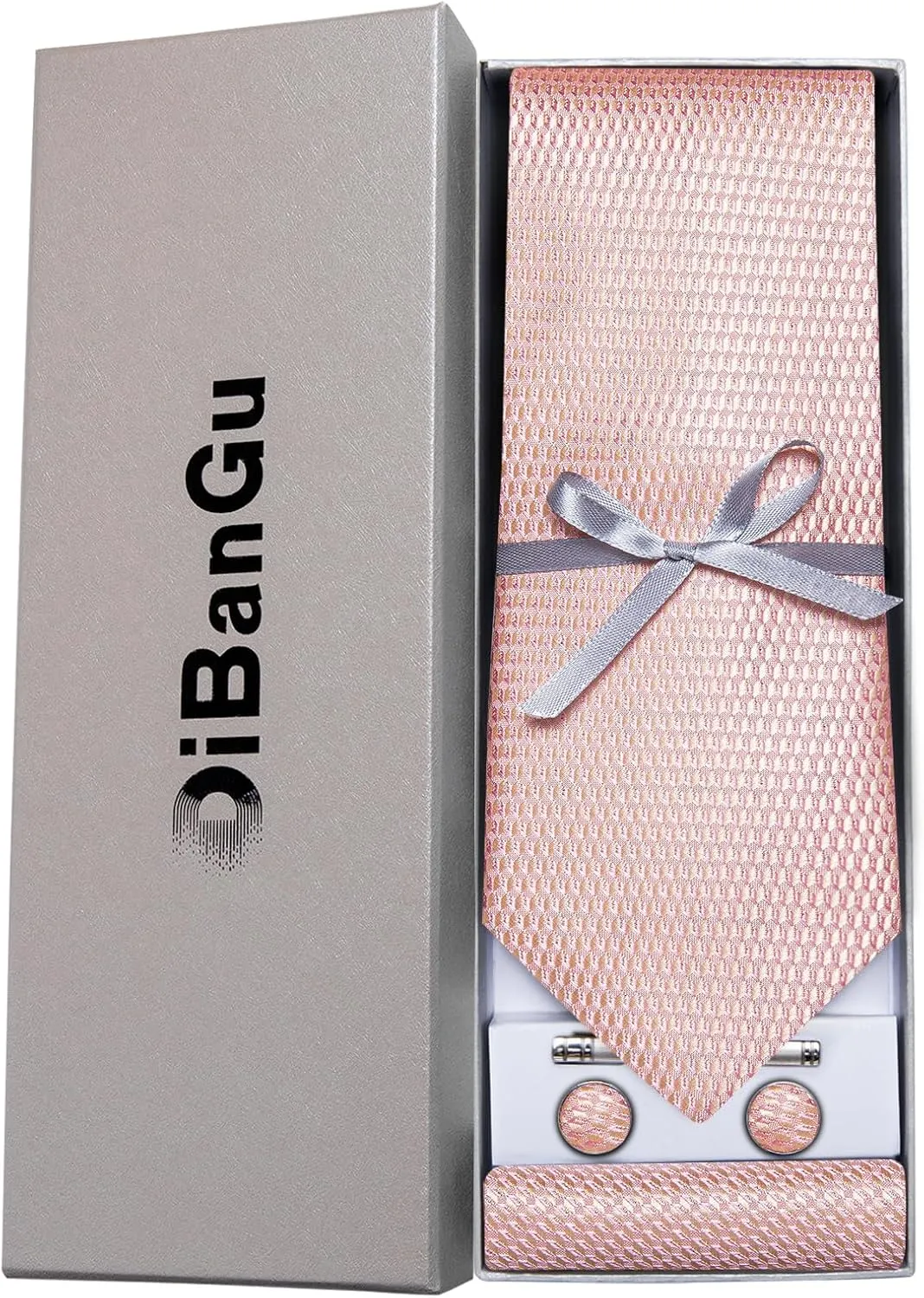 DiBanGu Mens Silk Necktie Solid Color Tie and Pocket Square Cufflink Tie Clip Set Woven Plain Ties for Men Wedding Party