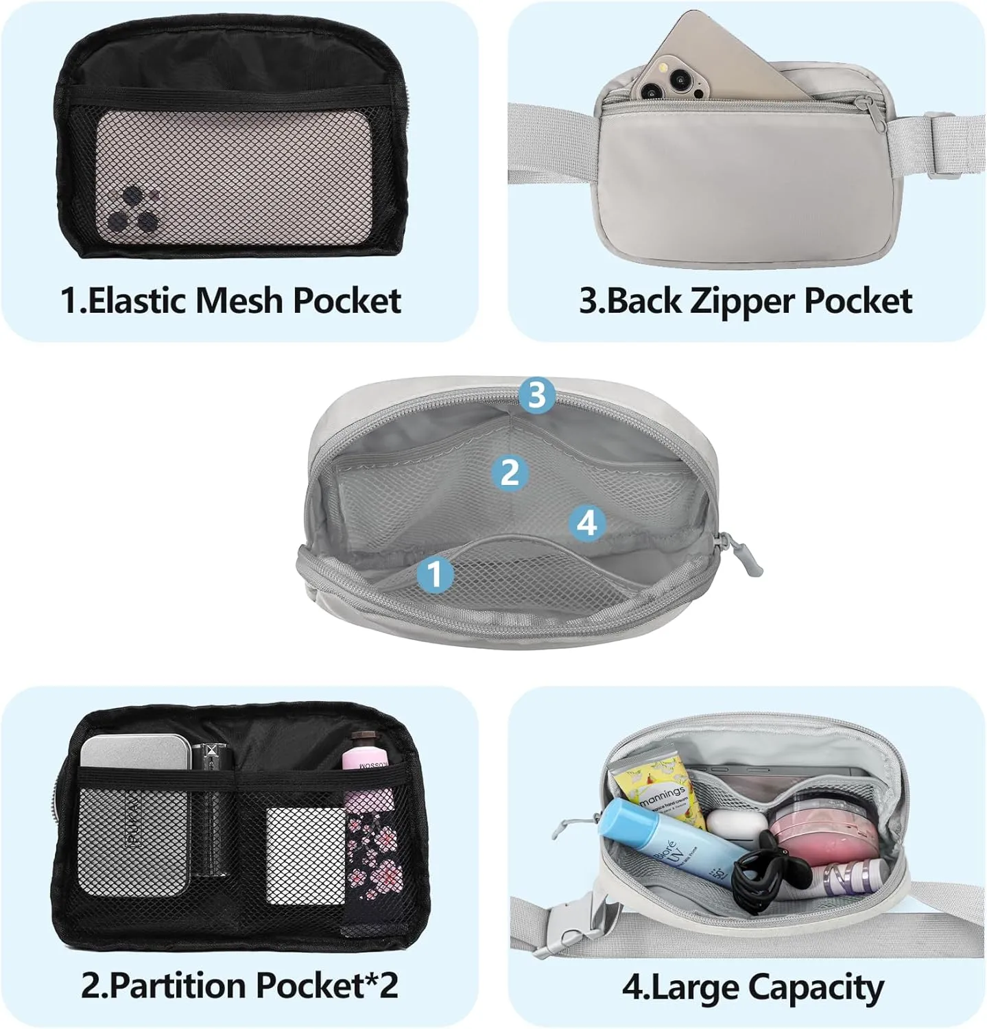Fanny Pack Crossbody Bag for Women and Men, Belt Bag for Hiking Bum Bag with Adjustable Strap,Casual Cell Phone Pouch?Waist pack for Running Workout Sports Travel Light Grey