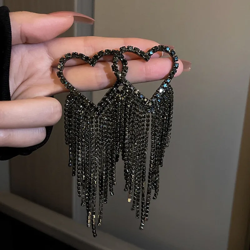 Fashion Long Tassel Rhinestone Drop Earrings for Women Black Heart Crystal Dangle Earrings