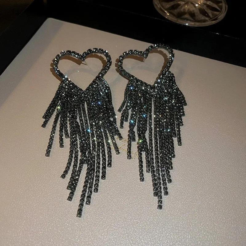Fashion Long Tassel Rhinestone Drop Earrings for Women Black Heart Crystal Dangle Earrings
