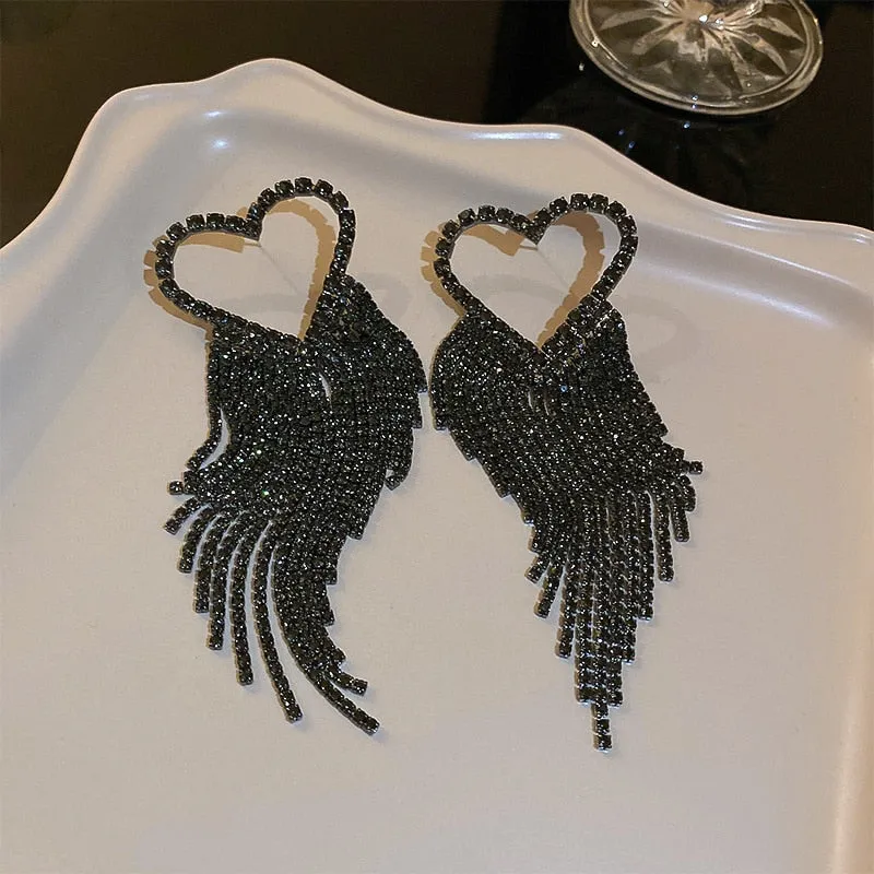 Fashion Long Tassel Rhinestone Drop Earrings for Women Black Heart Crystal Dangle Earrings