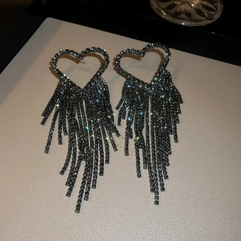 Fashion Long Tassel Rhinestone Drop Earrings for Women Black Heart Crystal Dangle Earrings