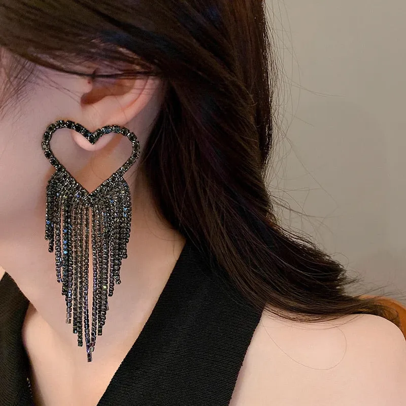 Fashion Long Tassel Rhinestone Drop Earrings for Women Black Heart Crystal Dangle Earrings