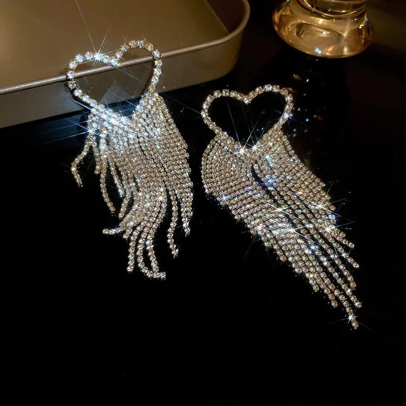 Fashion Long Tassel Rhinestone Drop Earrings for Women Black Heart Crystal Dangle Earrings