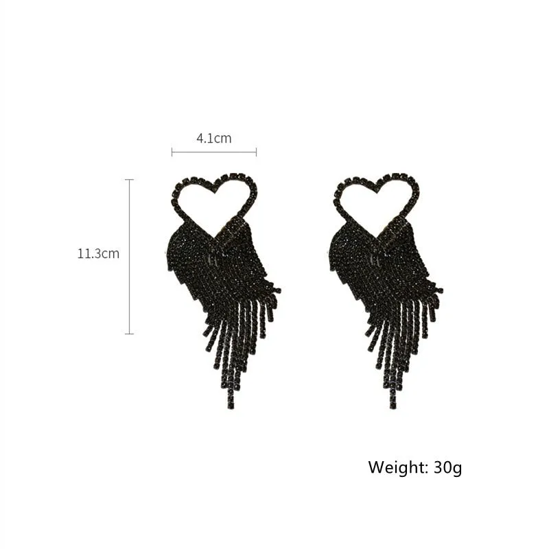 Fashion Long Tassel Rhinestone Drop Earrings for Women Black Heart Crystal Dangle Earrings