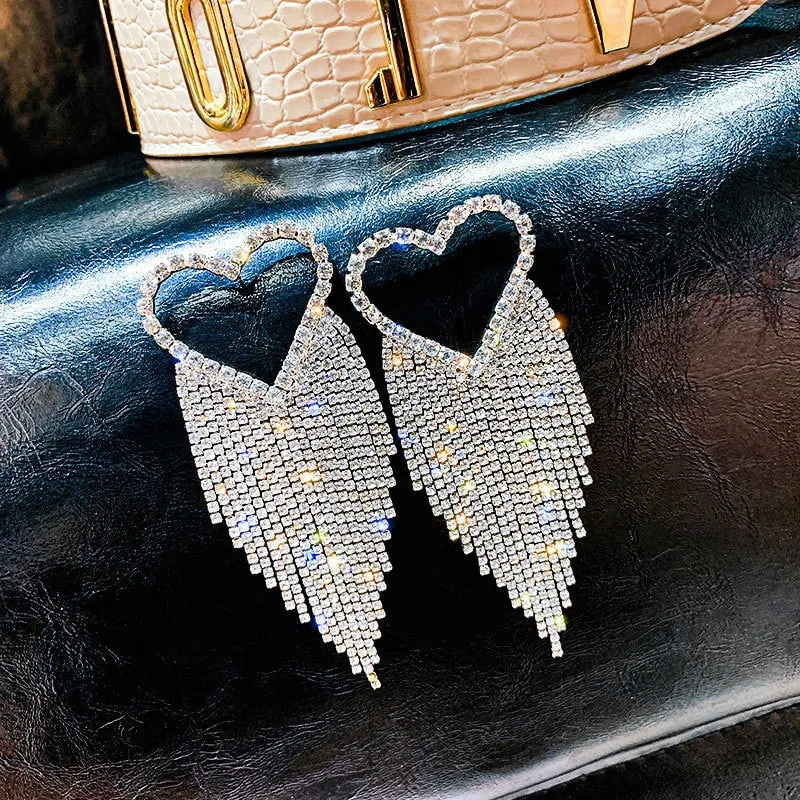 Fashion Long Tassel Rhinestone Drop Earrings for Women Black Heart Crystal Dangle Earrings