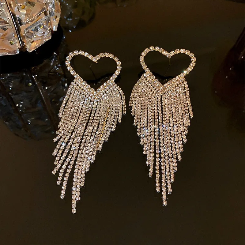 Fashion Long Tassel Rhinestone Drop Earrings for Women Black Heart Crystal Dangle Earrings