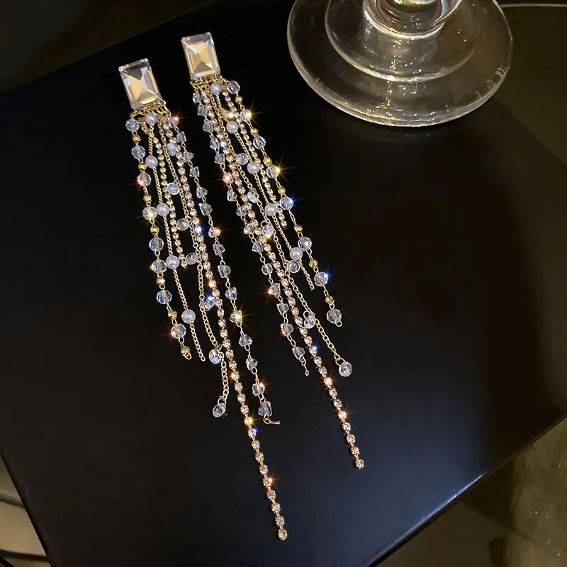 Geometric Square Crystal Rhinestone Earrings for Women Bijoux Long Tassel Dangle Earrings