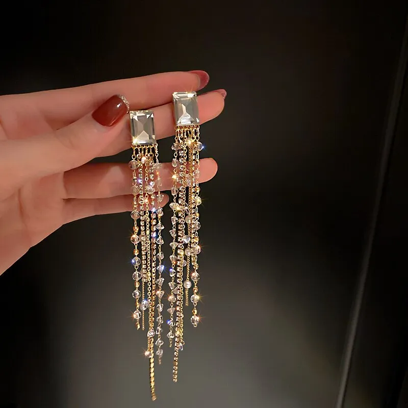 Geometric Square Crystal Rhinestone Earrings for Women Bijoux Long Tassel Dangle Earrings