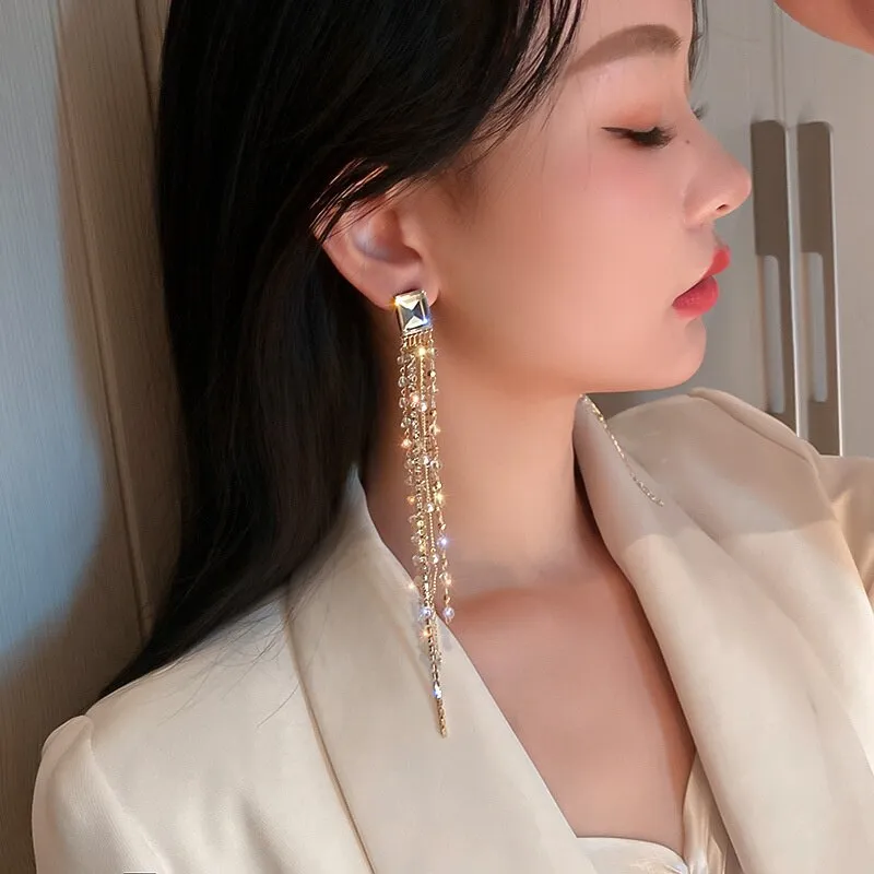 Geometric Square Crystal Rhinestone Earrings for Women Bijoux Long Tassel Dangle Earrings