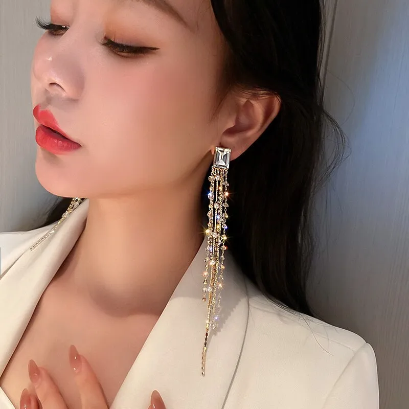 Geometric Square Crystal Rhinestone Earrings for Women Bijoux Long Tassel Dangle Earrings