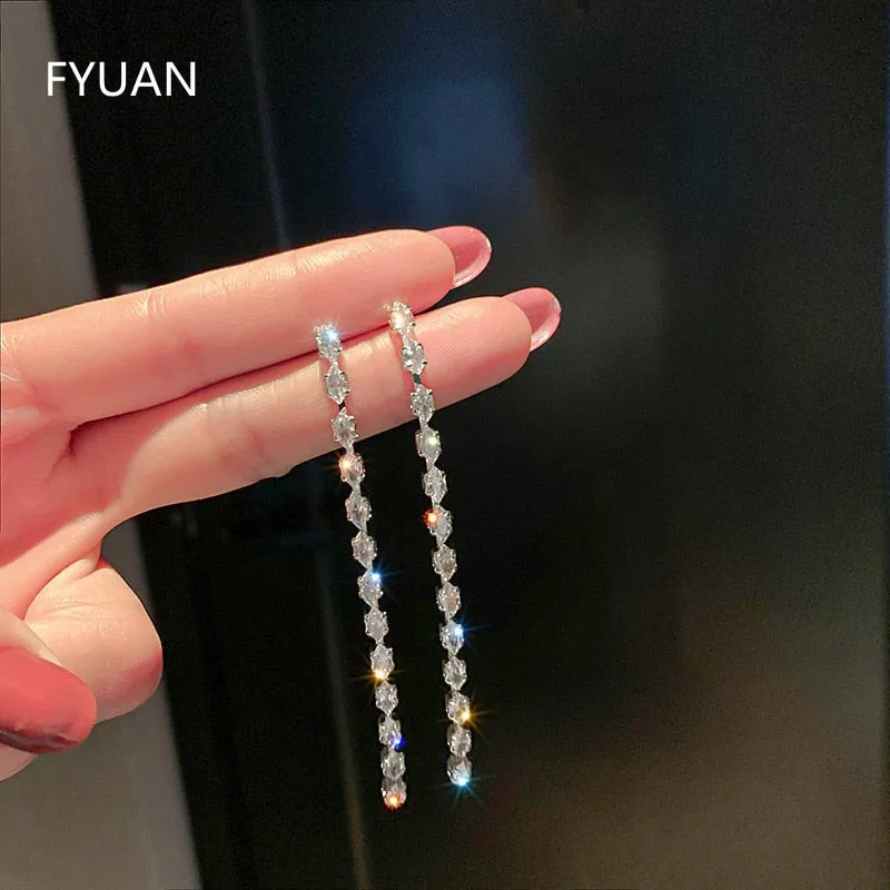 Geometric Zircon Crystal Earrings for Women Silver Color Long Tassel Dangle Earrings