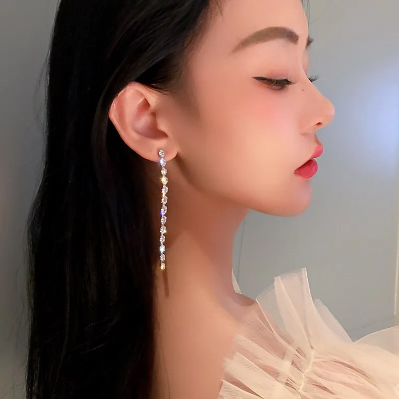 Geometric Zircon Crystal Earrings for Women Silver Color Long Tassel Dangle Earrings