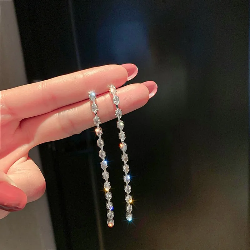 Geometric Zircon Crystal Earrings for Women Silver Color Long Tassel Dangle Earrings