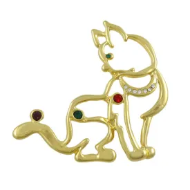 Gold and Crystal Cat with Ball on Tail Brooch Pin - PRC530