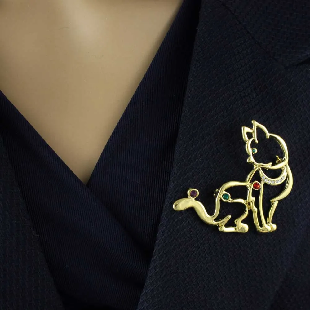 Gold and Crystal Cat with Ball on Tail Brooch Pin - PRC530