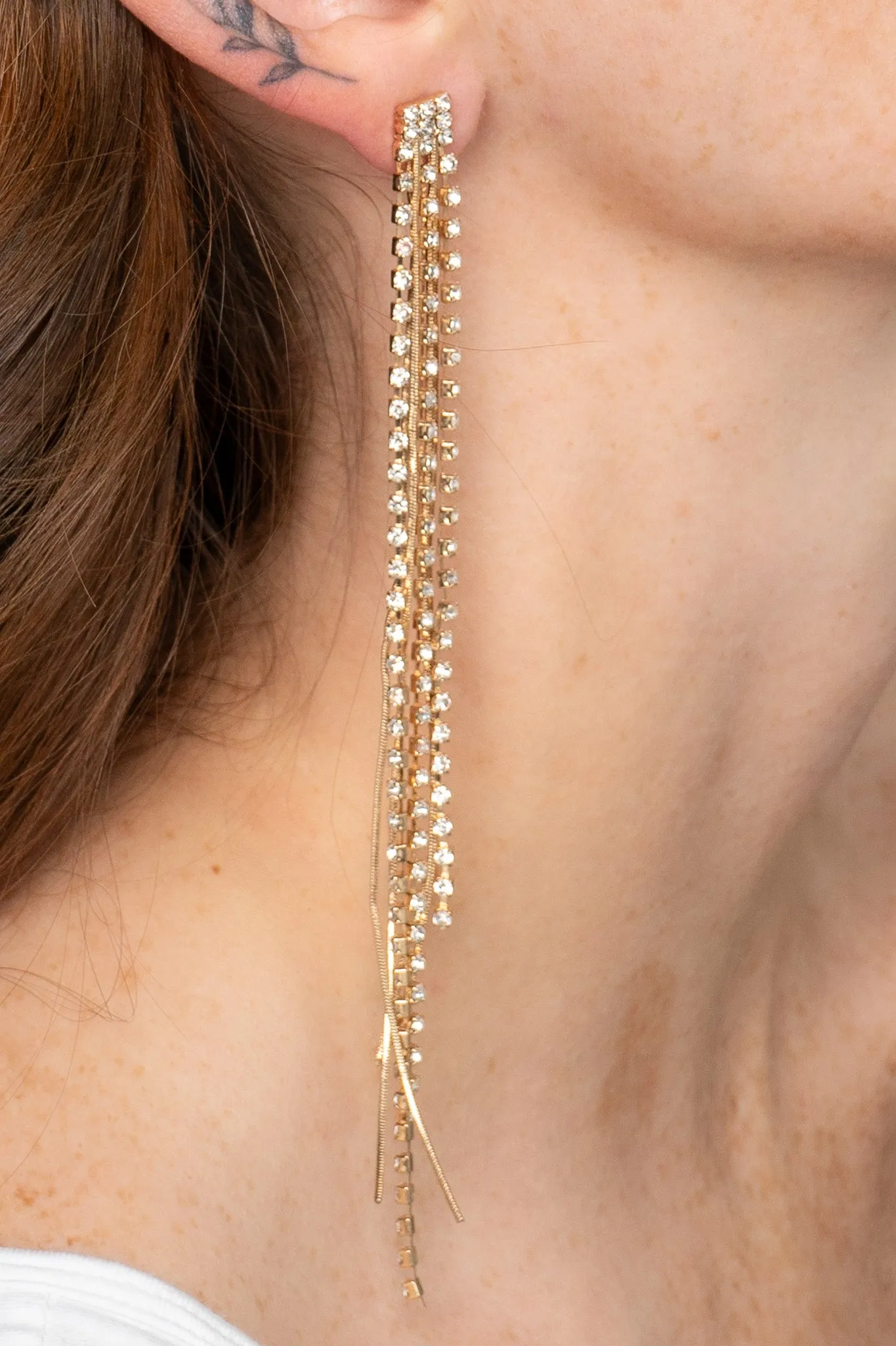 Gold Rhinestone Drop Thread Earrings