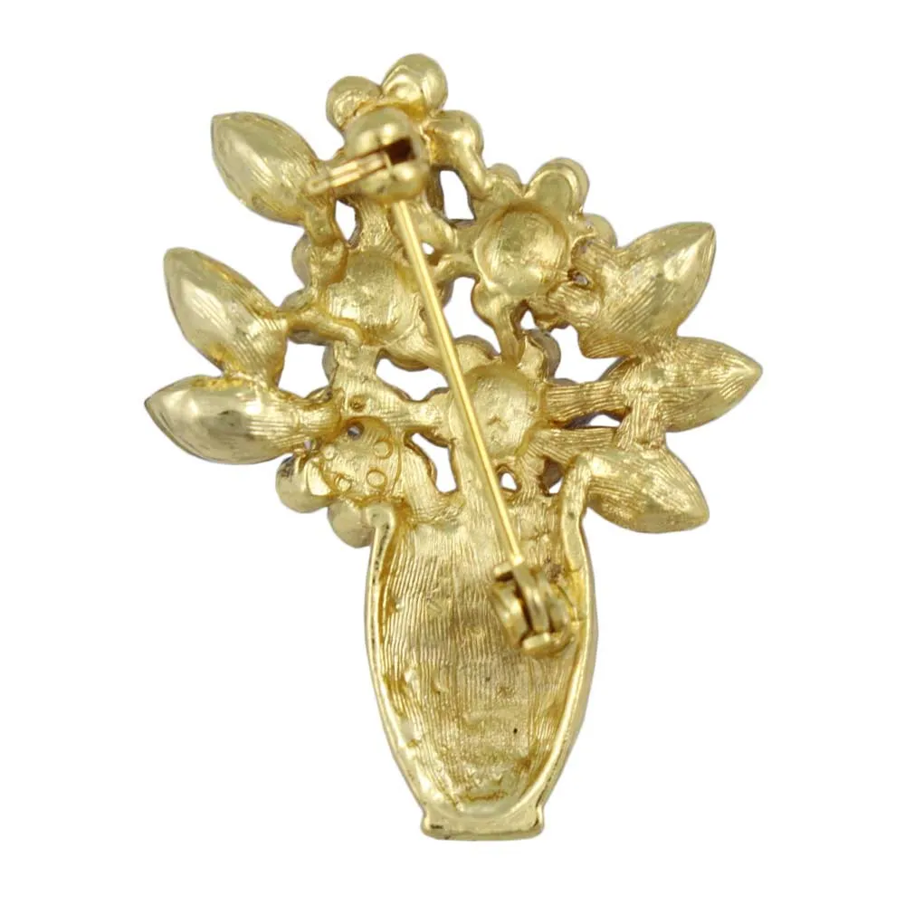 Gold Vase with Blue Crystal Daisies Flower Brooch Pin - PRL105AG