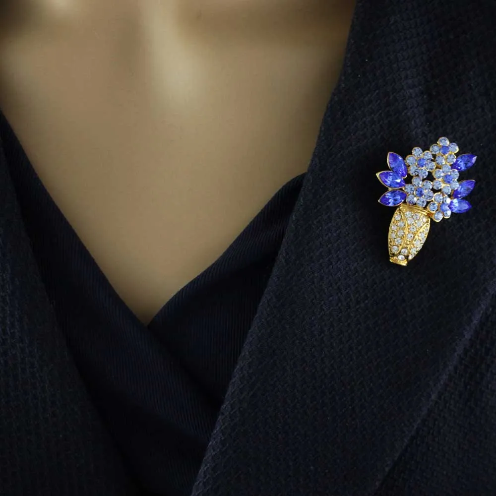 Gold Vase with Blue Crystal Daisies Flower Brooch Pin - PRL105AG