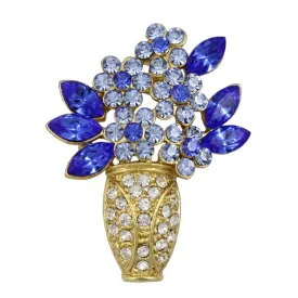 Gold Vase with Blue Crystal Daisies Flower Brooch Pin - PRL105AG