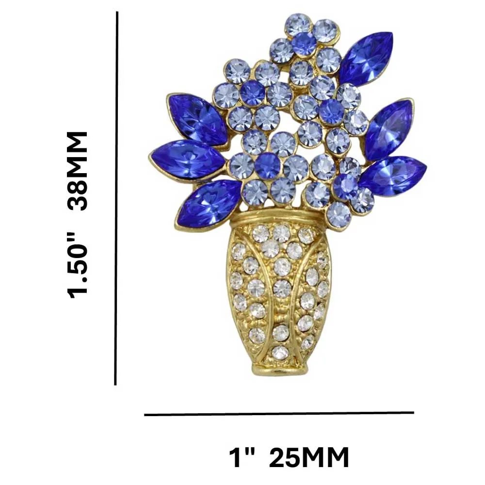 Gold Vase with Blue Crystal Daisies Flower Brooch Pin - PRL105AG