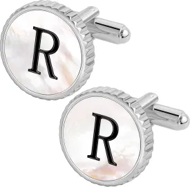 Golden Silver Cuff Links Mens, Mother Of Pearl Cufflinks for Men Initial Personalized Cufflinks 26 Alphabet Golden Silver Cuff Links for Anniversary Business Wedding
