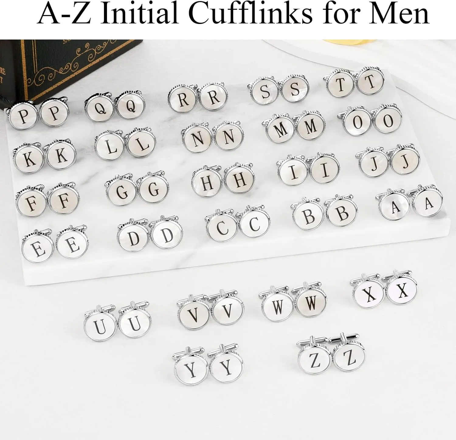 Golden Silver Cuff Links Mens, Mother Of Pearl Cufflinks for Men Initial Personalized Cufflinks 26 Alphabet Golden Silver Cuff Links for Anniversary Business Wedding