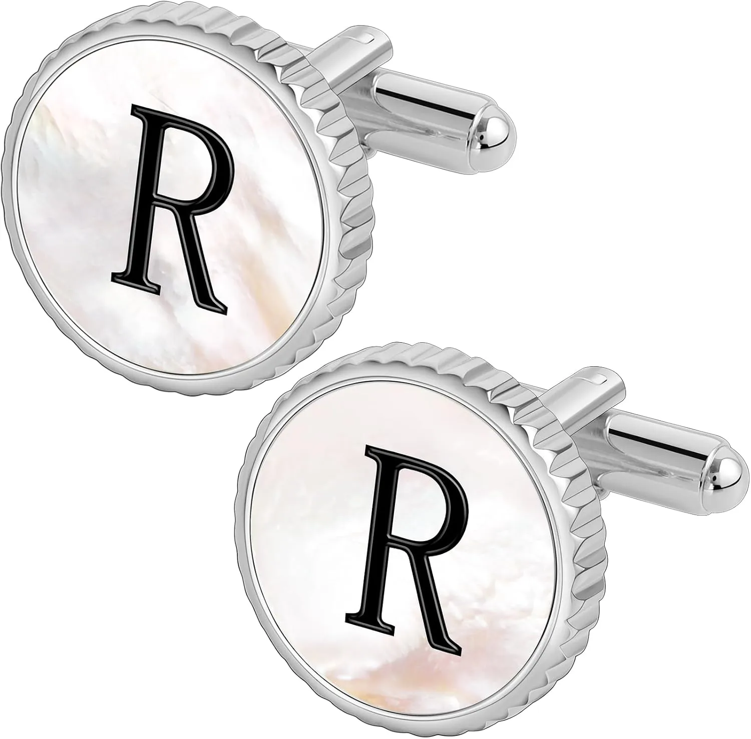 Golden Silver Cuff Links Mens, Mother Of Pearl Cufflinks for Men Initial Personalized Cufflinks 26 Alphabet Golden Silver Cuff Links for Anniversary Business Wedding