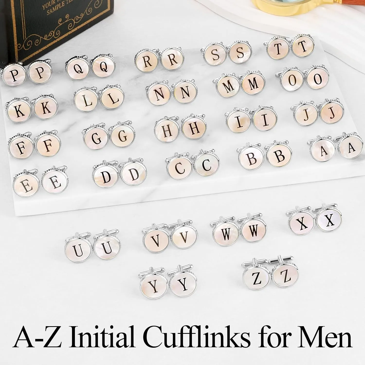 Golden Silver Cuff Links Mens, Mother Of Pearl Cufflinks for Men Initial Personalized Cufflinks 26 Alphabet Golden Silver Cuff Links for Anniversary Business Wedding