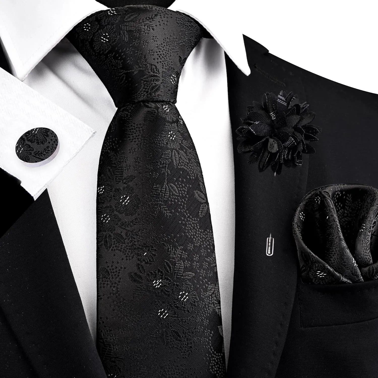 GUSLESON 3.15"8cm Mens Floral Tie and Lapel Pin Necktie Hankerchief Cufflinks Set for Men