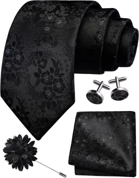 GUSLESON 3.15"8cm Mens Floral Tie and Lapel Pin Necktie Hankerchief Cufflinks Set for Men