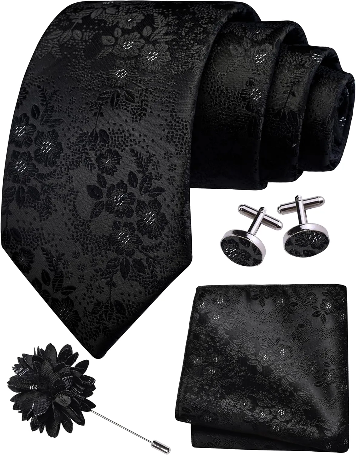GUSLESON 3.15"8cm Mens Floral Tie and Lapel Pin Necktie Hankerchief Cufflinks Set for Men