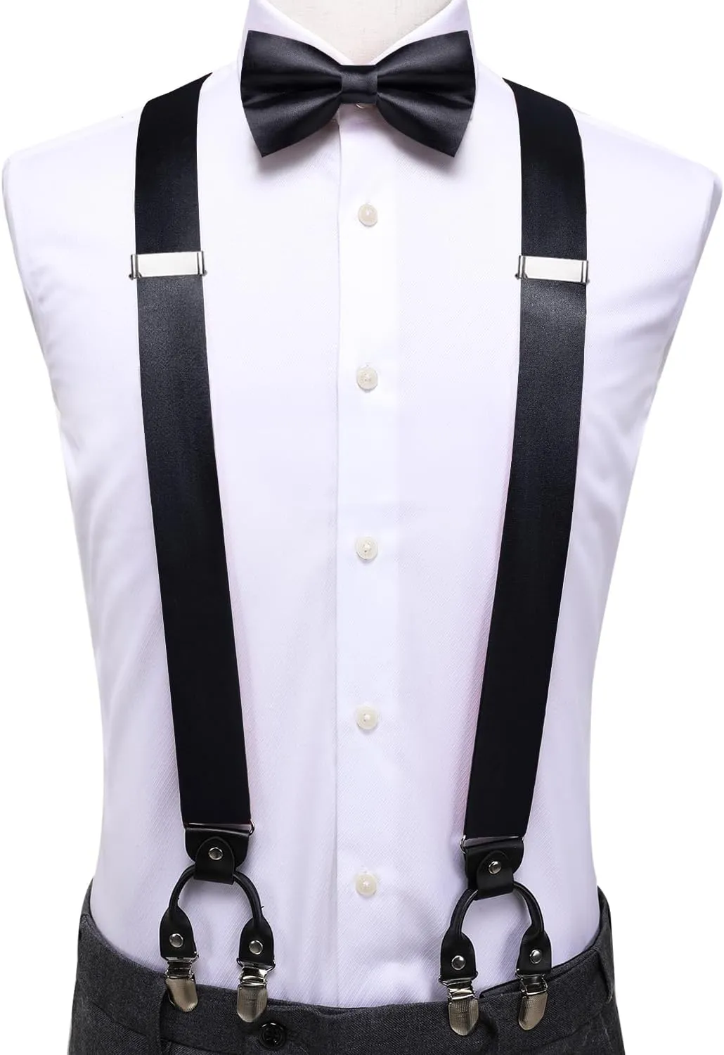 Hi-Tie Men Suspender Bowtie Set Suspenders Pre-tied Bow Tie Pocket Square Cufflinks Adjustable Y Shape 6 Clips Braces Tuxedo