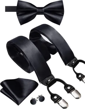 Hi-Tie Men Suspender Bowtie Set Suspenders Pre-tied Bow Tie Pocket Square Cufflinks Adjustable Y Shape 6 Clips Braces Tuxedo