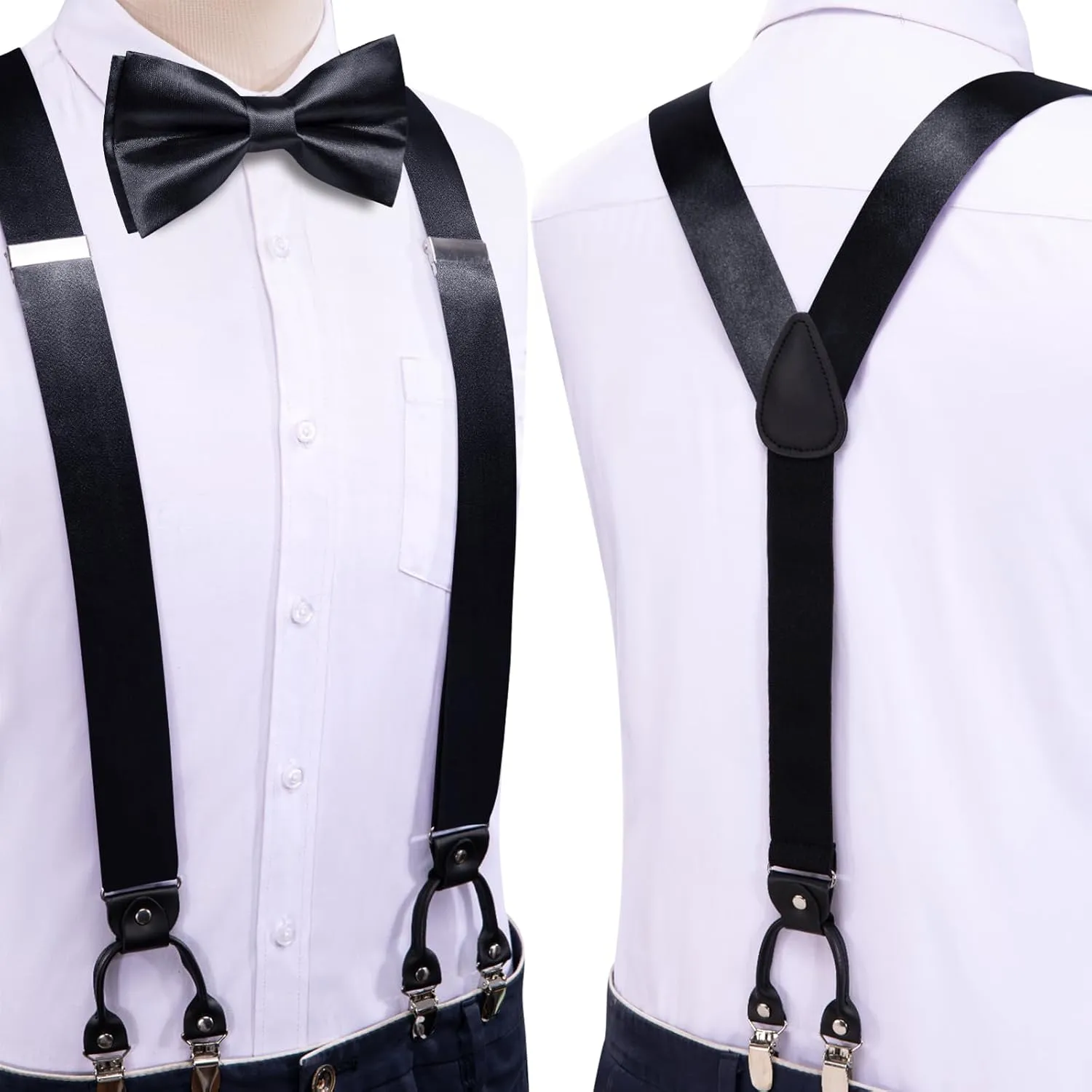 Hi-Tie Men Suspender Bowtie Set Suspenders Pre-tied Bow Tie Pocket Square Cufflinks Adjustable Y Shape 6 Clips Braces Tuxedo