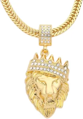 Hip Hop Jewelry Silver Crown Lion Head Pendant Iced Out Clear Rhinestones ?C Diamonds Prong Set - Curb Cuban Chain Stainless Steel Necklace
