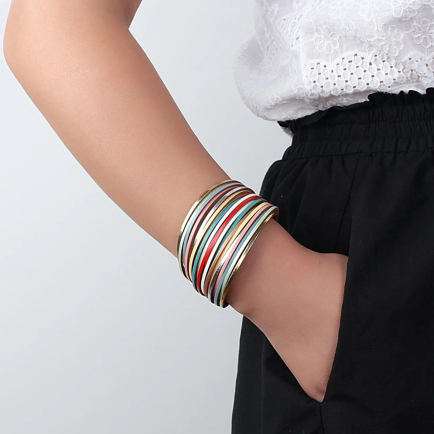 hotoo Handmade Layered Leather Bracelets Wrap for Women Stackable Chunky Colored Men Cuff Bracelet Wristband Bangle Gifts