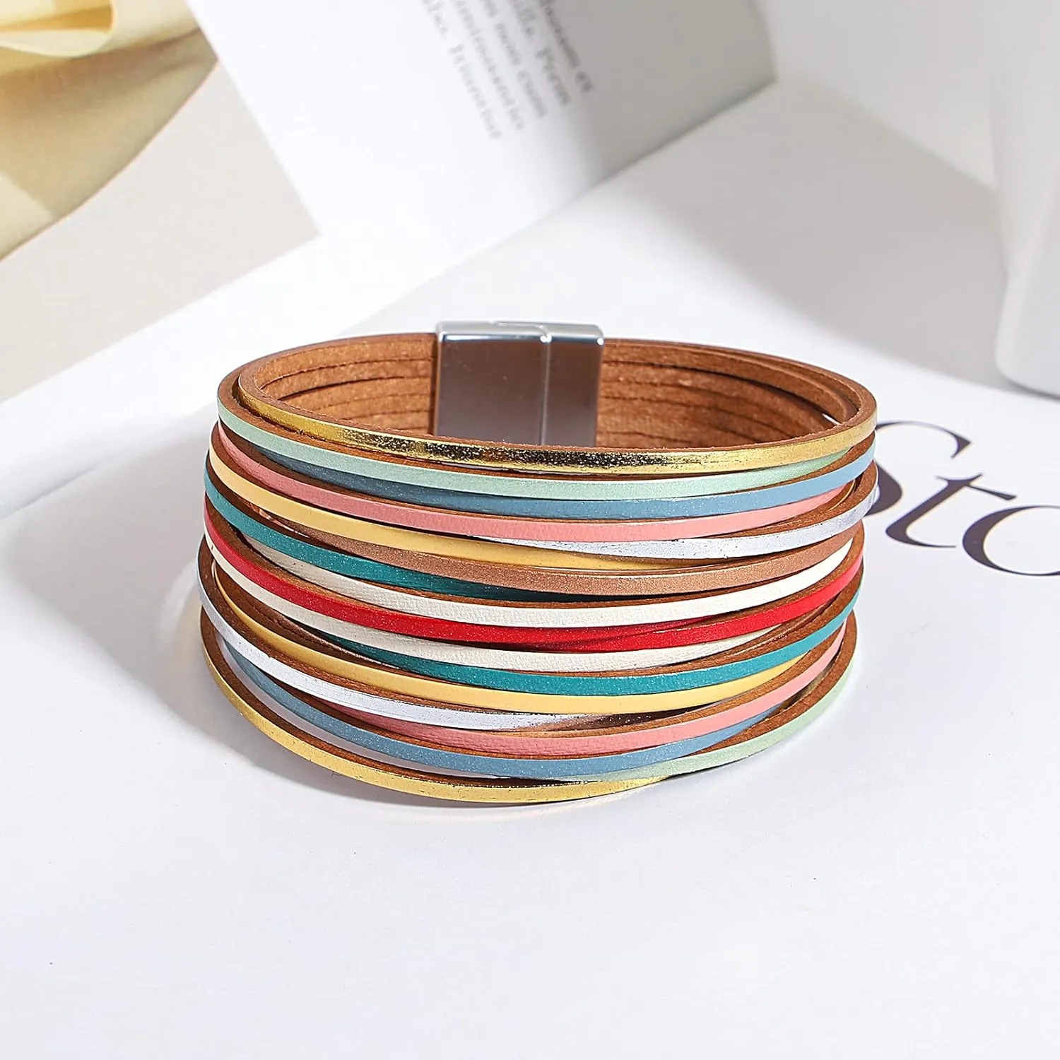 hotoo Handmade Layered Leather Bracelets Wrap for Women Stackable Chunky Colored Men Cuff Bracelet Wristband Bangle Gifts