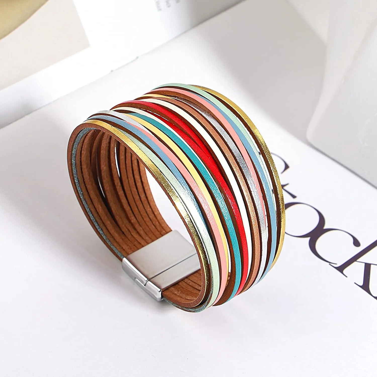 hotoo Handmade Layered Leather Bracelets Wrap for Women Stackable Chunky Colored Men Cuff Bracelet Wristband Bangle Gifts
