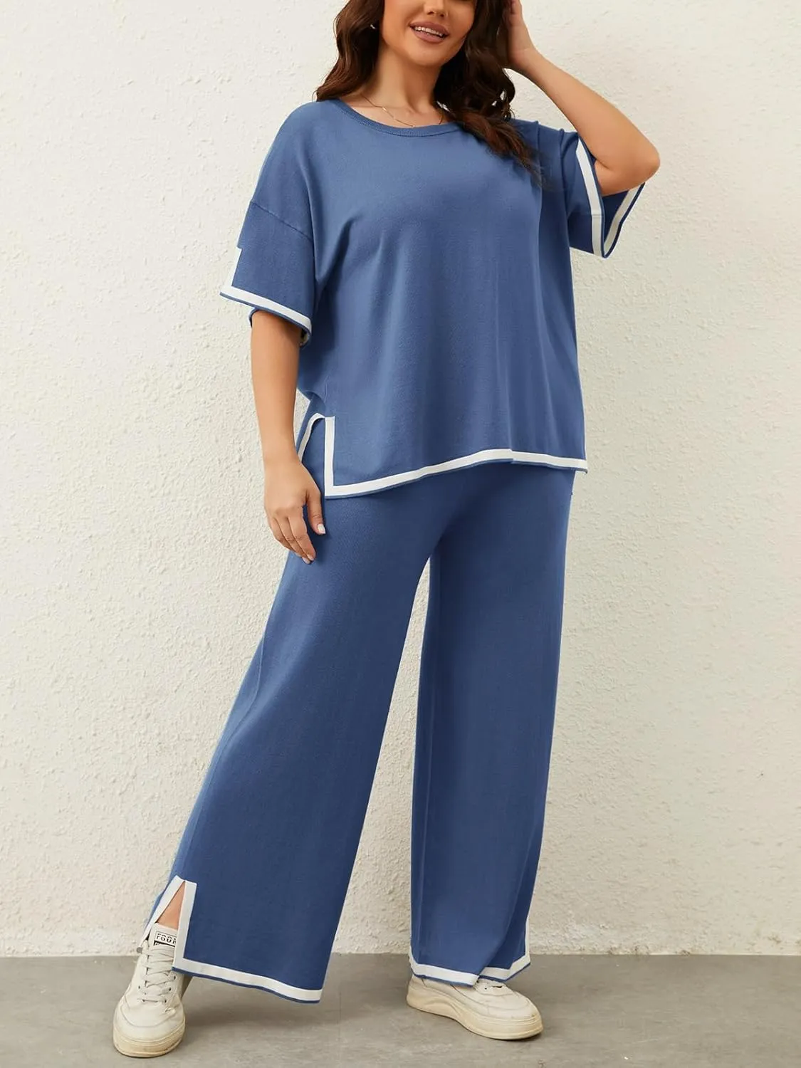 Imily Bela Womens Plus Size Lounge Sets 2 Piece Outfits Short Sleeve Pullover Tops Wide Leg Pants Summer Travel Outfits