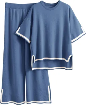 Imily Bela Womens Plus Size Lounge Sets 2 Piece Outfits Short Sleeve Pullover Tops Wide Leg Pants Summer Travel Outfits