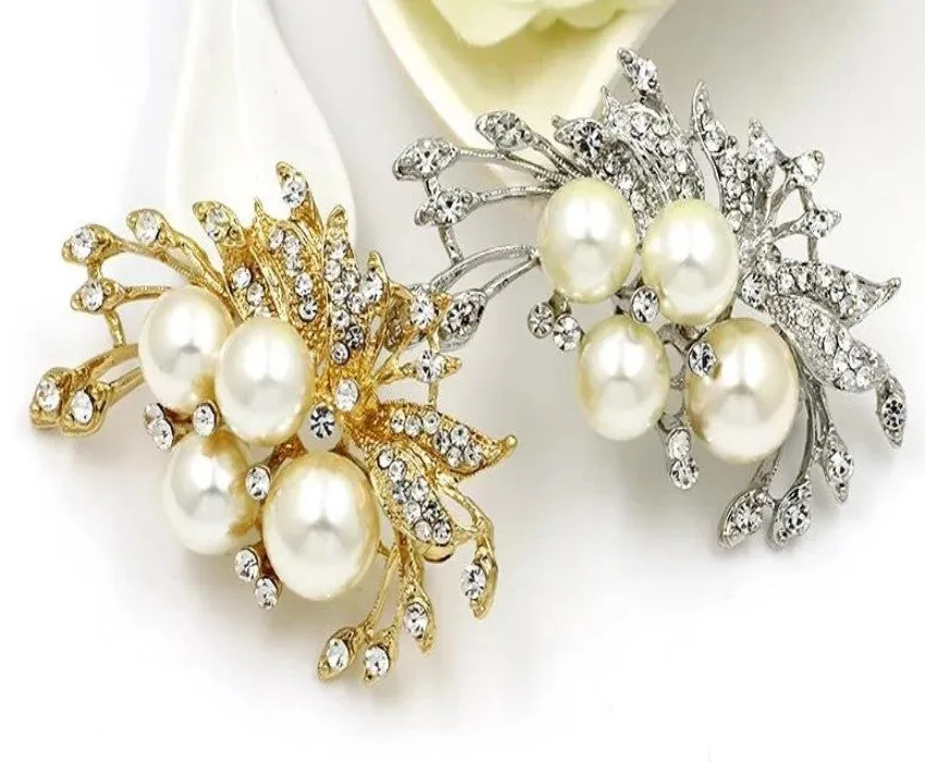 Large Brooch Gold / Silver Flower Rhinestone Crystal BR-099S