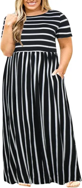 Nemidor Plus Size Maxi Dresses for Curvy Women Summer Casual Loose Short Sleeve Long Beach Dress with Pocket