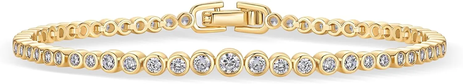 PAVOI 14K-18K Gold Plated Simulated Diamonds Bezel Set Tennis Bracelets for Women - Cubic Zirconia Stones Trillion Trinity Radiant Cut Round Pear Heart Statement Bride Gold Bracelet Stack - Sizes 6.5-7.5 Inch