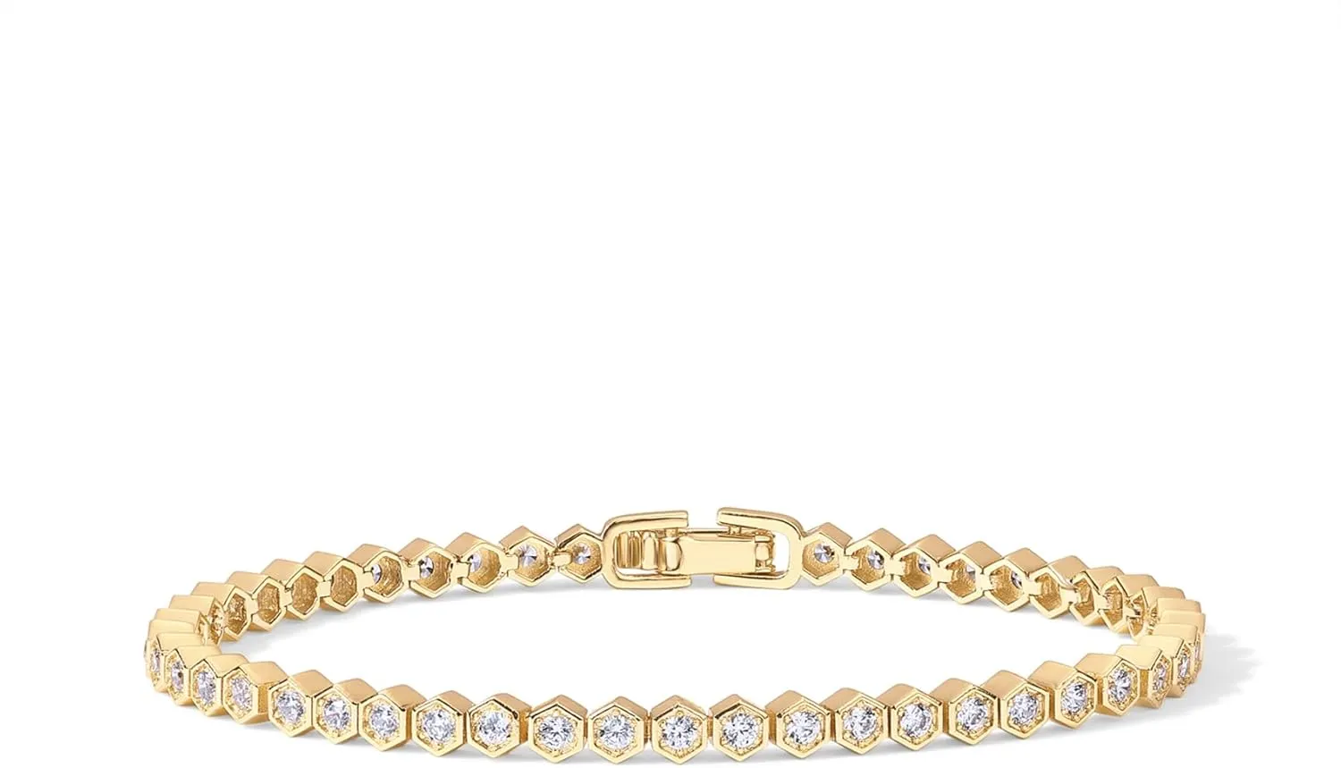 PAVOI 14K Gold Plated 2mm Cubic Zirconia Honeycomb Tennis Bracelet | Gold Bracelet for Women | SizeS 6.5-7.5 Inch