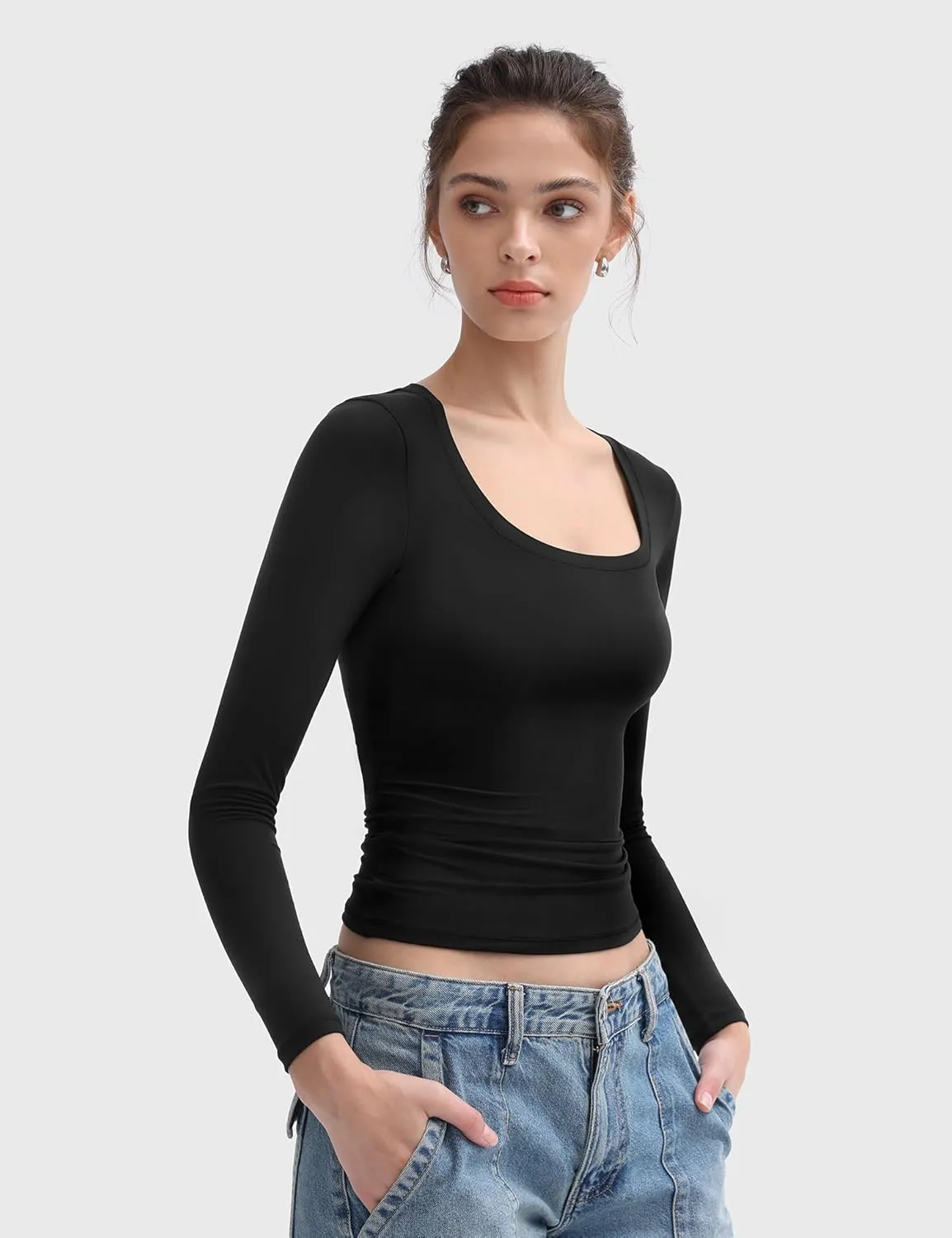 PUMIEY Women's Long Sleeve T Shirts Scoop Neck Slim Fit Going Out Tops Double Lined Basic Tee Smoke Cloud Collection