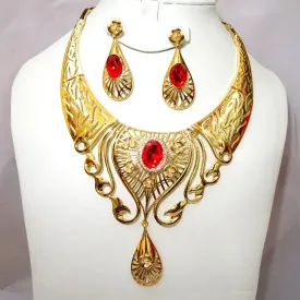Red 18K Gold Plated Fashion Women Necklace Earring Party Jewellery Set