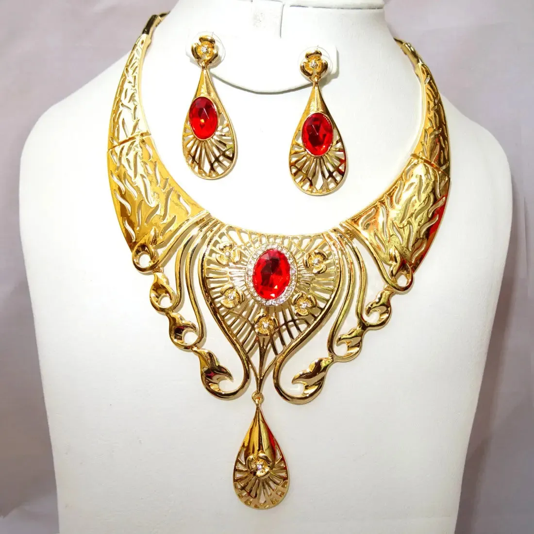 Red 18K Gold Plated Fashion Women Necklace Earring Party Jewellery Set