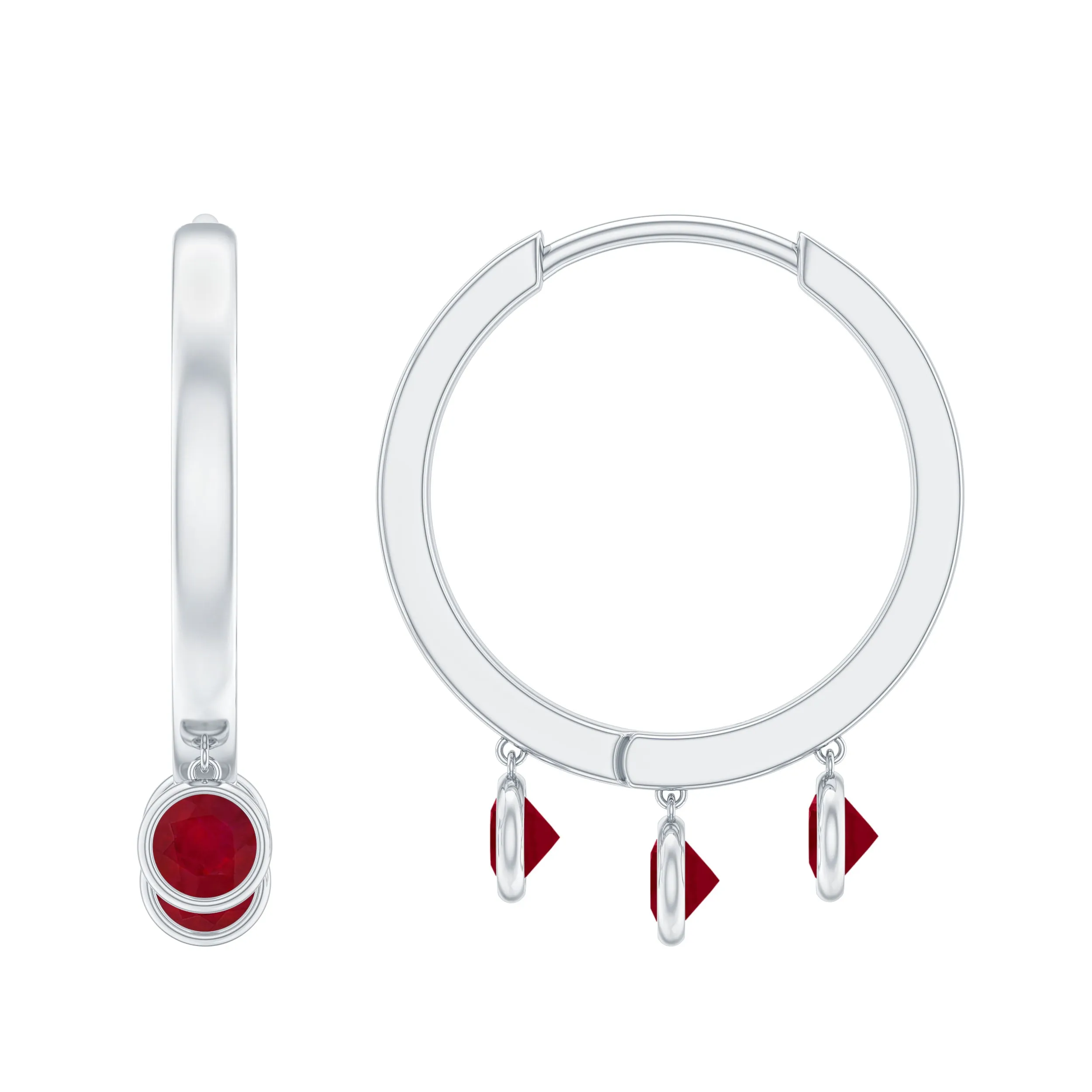 Ruby 3 Stone Hoop Drop Earrings in Bezel Setting